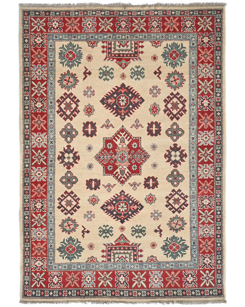 4x6 Beige Kuba Afghan Hand Knotted Wool Area Rug